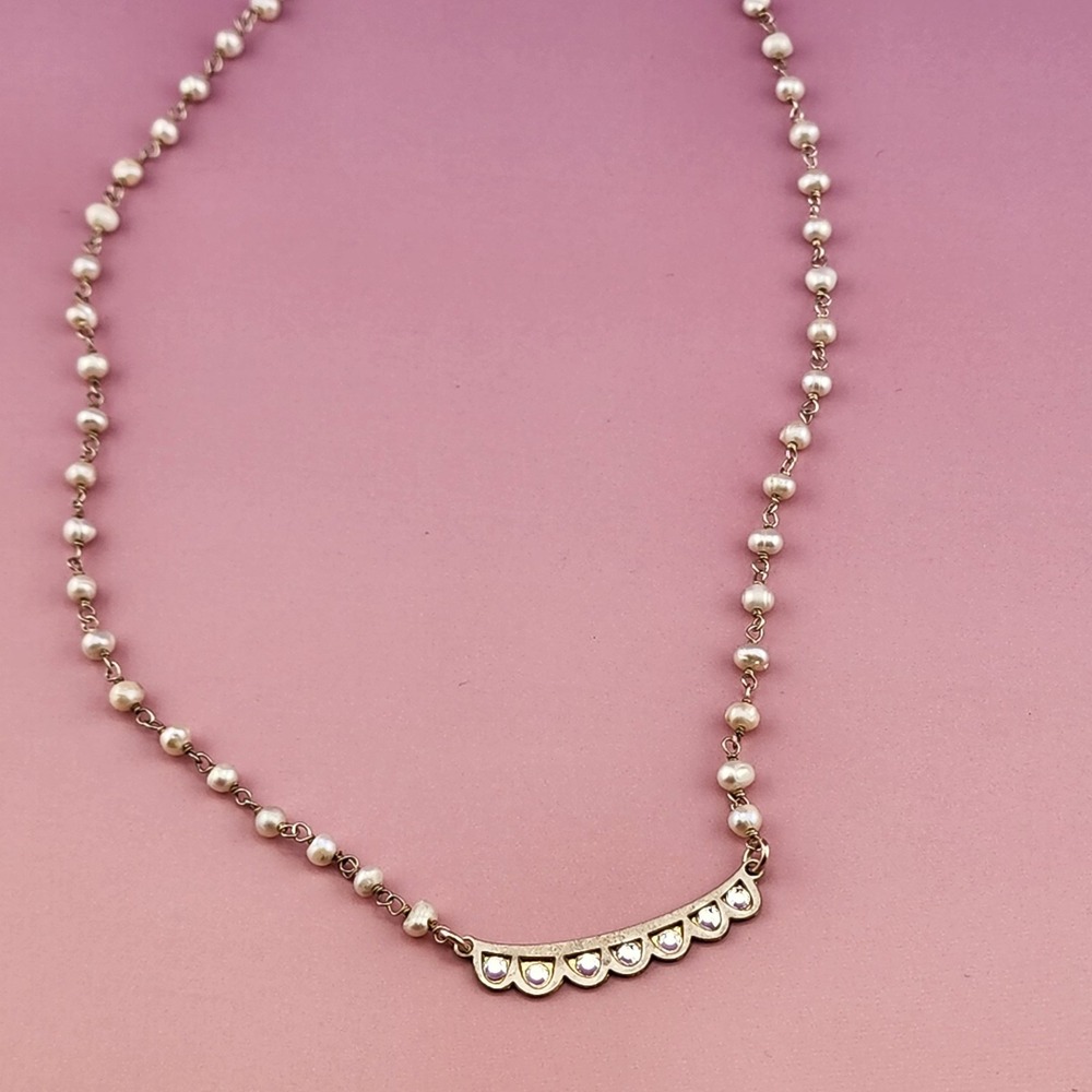 925 Sterling Silver Faux Pearl Bead Rhinestone Bar Necklace Gold Tone Bridal